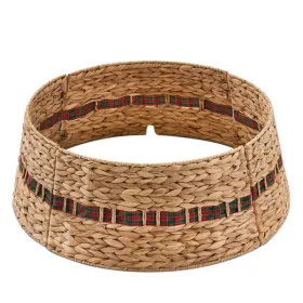 Handcrafted Woven Hyacinth Wicker Christmas Tree Collar - Rattan Xmas Tree Skirt & Stand Base Cover (XmasRibbon, 28 In)
