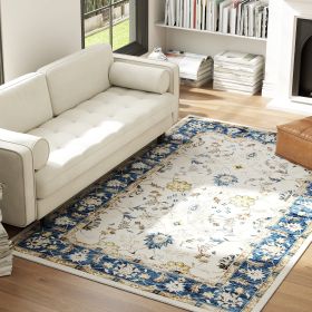 Machine Washable Area Rug 5x7, Non-Slip Boho Floral Print Floor Carpet For Living Room, Bedroom, Dining Room, Blue