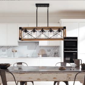 32 Inch Walnut Industrial Farmhouse Rectangle Pendant Light, 5-Light Chandelier With Lampshades For Dining Room, Kitchen Island, Cafe Decor No Bulbs