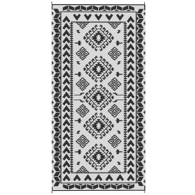 Reversible Outdoor Rug, Waterproof Plastic Straw With Carry Bag, 9 X 18, Black & White Rhombus Patchwork