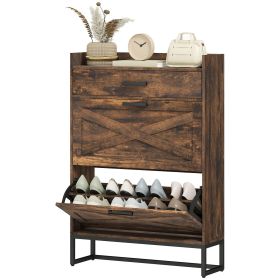 Shoe Storage Cabinet Slim Design with 2 Flip Drawers for 12 Pairs Rustic Brown