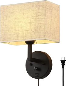 Plug in Wall Sconce with Dimmer Switch and USB Port 9.5'Rectangular Linen Fabric Shade
