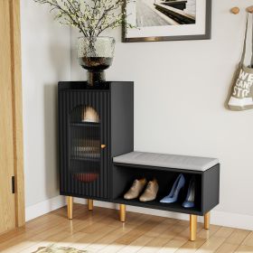 Shoe Cabinet for Entryway, L-Shaped Shoe Storage Bench with Padded Seat, Modern Organizer with Glass Door and Shelf for Hallway, Bedroom, Black