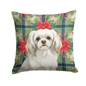 White Tibetan Spaniel Christmas PoinsettIas Throw Pillow Decorative Indoor Outdoor Accent Cushion for Couch, Bed or Patio, 14Hx14W