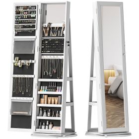 360�� Swivel Jewelry Armoire, Lockable Jewelry Cabinet with Full-Length Mirror, Storage Shelves, White