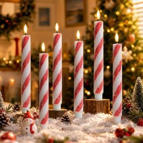 6 PCS Christmas Candy Cane Flameless Candle, Real Wax Led Glitter Red & White Taper Candle Light With Remote, Battery Operated Flickering Xmas Ca (Option: Red)