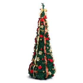 7 FT Fully Decorated Pre-lit Christmas Tree, Pop Up Artificial Xmas Tree with 200 Warm Lights Remote Control and Red & Golden Ornaments for Home (Option: Default Title)