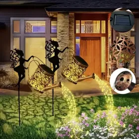 Ouddy Decor Fairy Garden Decor With Solar Watering Can, Metal Statues With Hanging Lanterns Waterfall Lights Silhouette Waterproof For Lawn Pathw (Option: Warmlight2PCS)