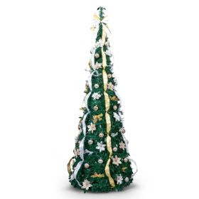 7 FT Fully Decorated Pre-lit Christmas Tree, Pop Up Artificial Xmas Tree with 200 Warm Lights Remote Control and Godlen & Silver Ornaments for Ho (Option: Default Title)