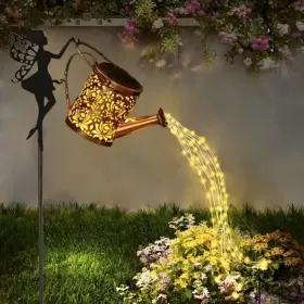 Ouddy Decor Fairy Garden Decor With Solar Watering Can, Metal Statues With Hanging Lanterns Waterfall Lights Silhouette Waterproof For Lawn Pathw (Option: Warmlight1PCS)