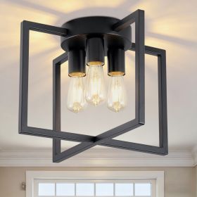 3-Light Ceiling Light Fixture, Black Semi-Flush Mount Chandelier With Geometric Metal Shade, Farmhouse Industrial Lighting For Kitchen Living Roo (Option: Black)
